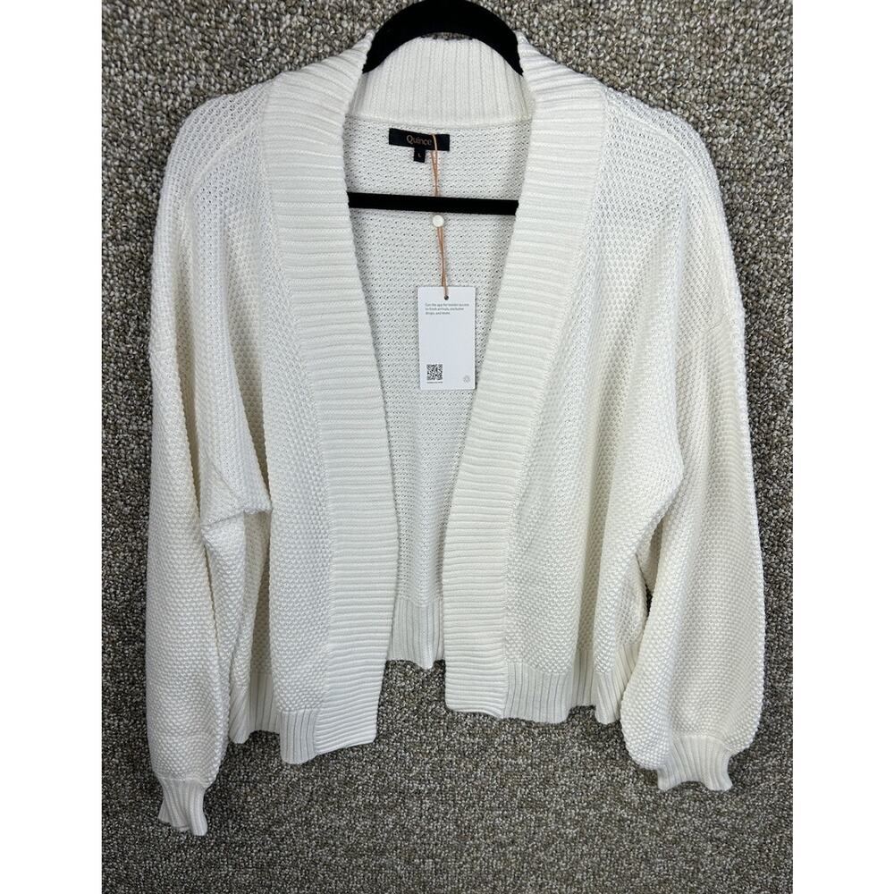 Quince Open Front Waffle Knit Cardigan Ivory Organic Cotton Sweater Women's Sz L